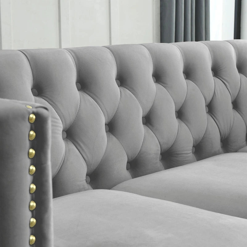 Canapé 3 places en velours, canapé Chesterfield classique avec boutons touffetés, accoudoirs carrés, clous décoratifs et pieds en métal