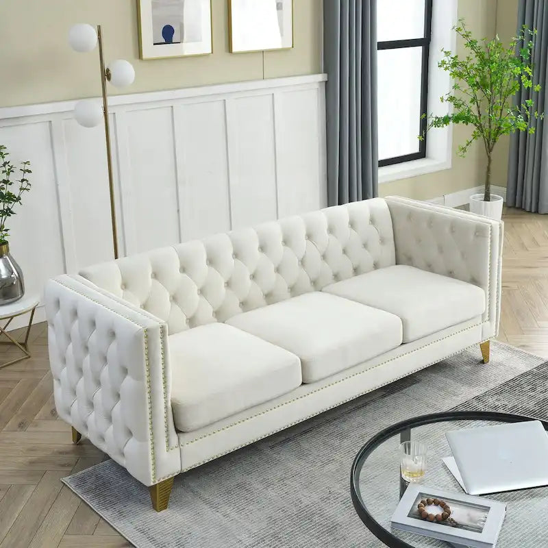 Canapé 3 places en velours, canapé Chesterfield classique avec boutons touffetés, accoudoirs carrés, clous décoratifs et pieds en métal