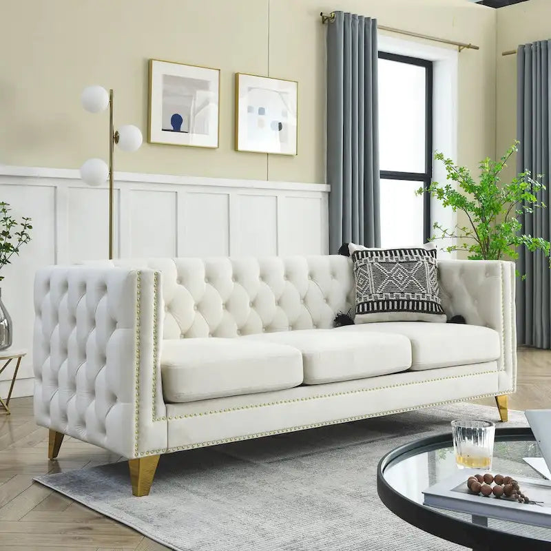 Canapé 3 places en velours, canapé Chesterfield classique avec boutons touffetés, accoudoirs carrés, clous décoratifs et pieds en métal