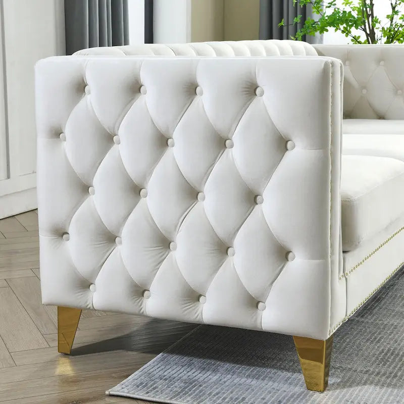 Canapé 3 places en velours, canapé Chesterfield classique avec boutons touffetés, accoudoirs carrés, clous décoratifs et pieds en métal