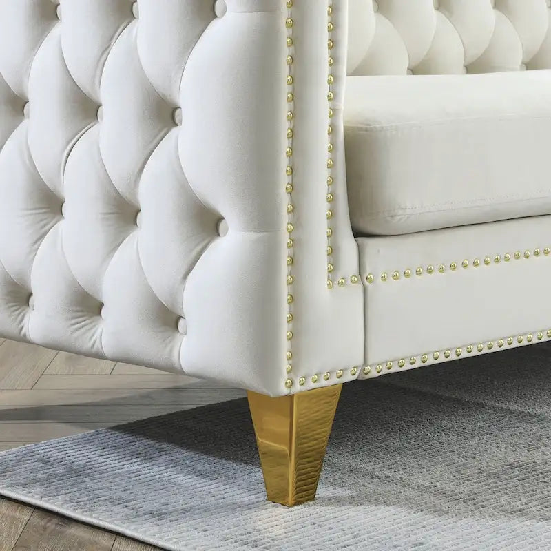 Canapé 3 places en velours, canapé Chesterfield classique avec boutons touffetés, accoudoirs carrés, clous décoratifs et pieds en métal