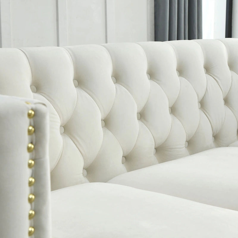 Canapé 3 places en velours, canapé Chesterfield classique avec boutons touffetés, accoudoirs carrés, clous décoratifs et pieds en métal