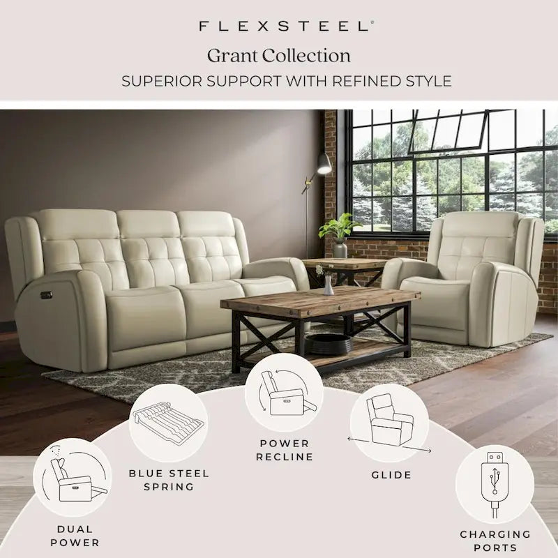 Canapé inclinable électrique en cuir Grant 87 avec appuie-têtes électriques de Flexsteel