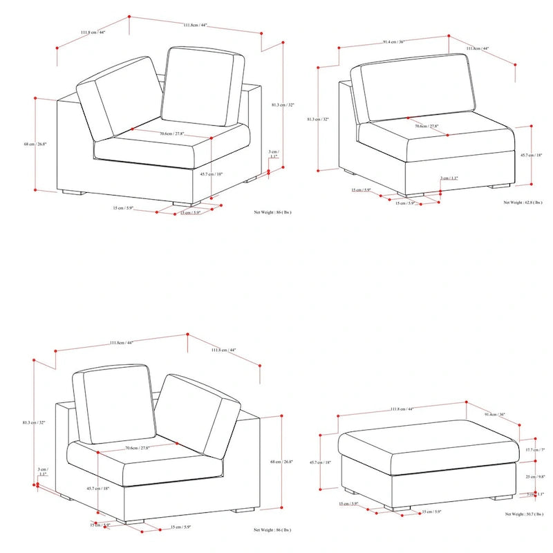 WYNDENHALL Marlee Canapé modulaire 3 places et pouf en tissu chenille velouté haute performance