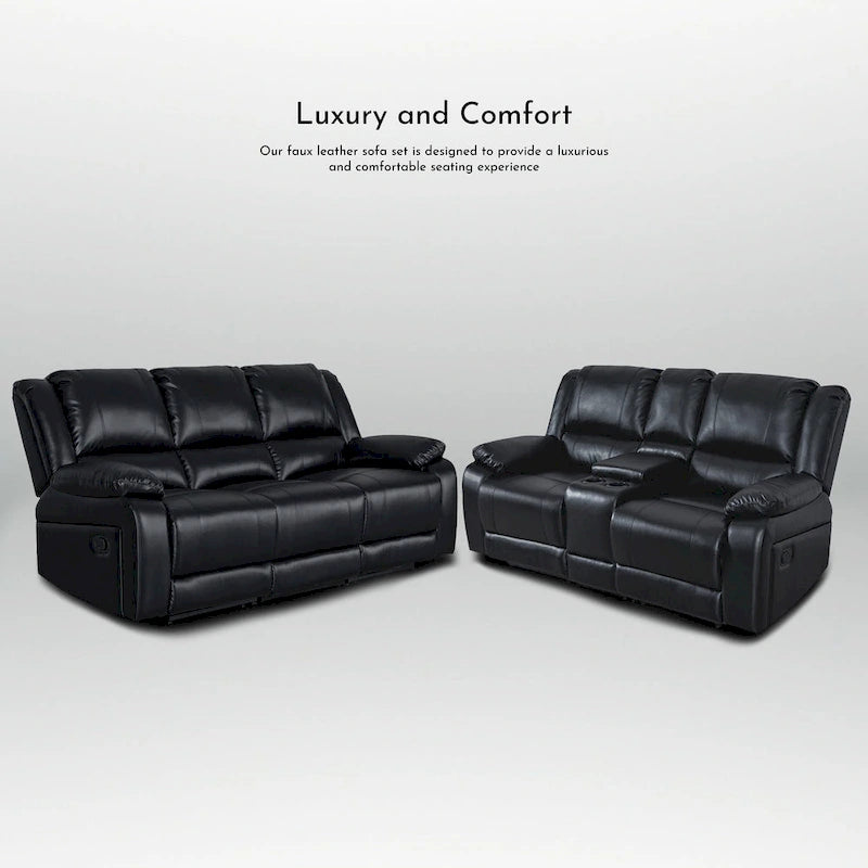 Ensemble de canapés inclinables manuels 2 pièces en similicuir classique pour salon avec console et porte-gobelets