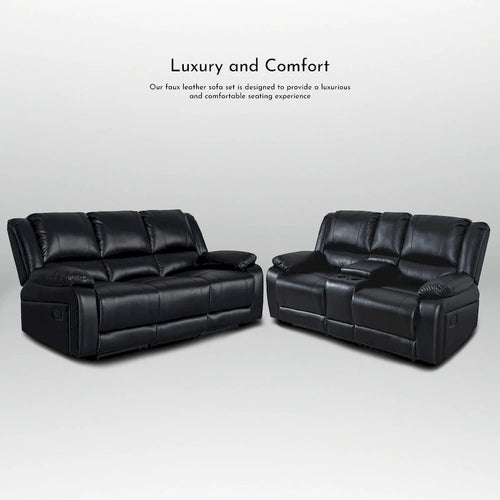 Ensemble de canapés inclinables manuels 2 pièces en similicuir classique pour salon avec console et porte-gobelets