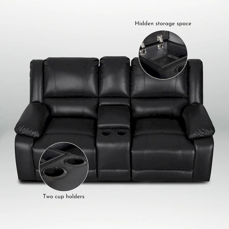 Ensemble de canapés inclinables manuels 2 pièces en similicuir classique pour salon avec console et porte-gobelets