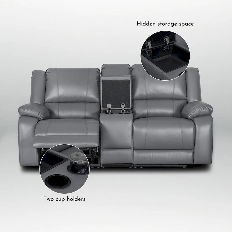 Ensemble de canapés inclinables manuels 2 pièces en similicuir classique pour salon avec console et porte-gobelets