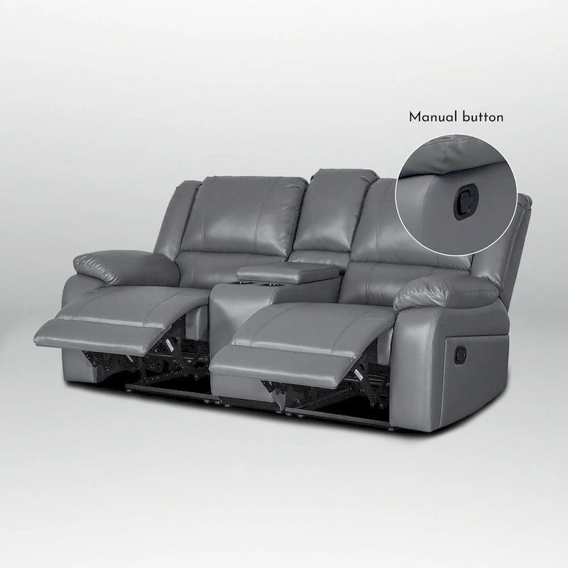 Ensemble de canapés inclinables manuels 2 pièces en similicuir classique pour salon avec console et porte-gobelets