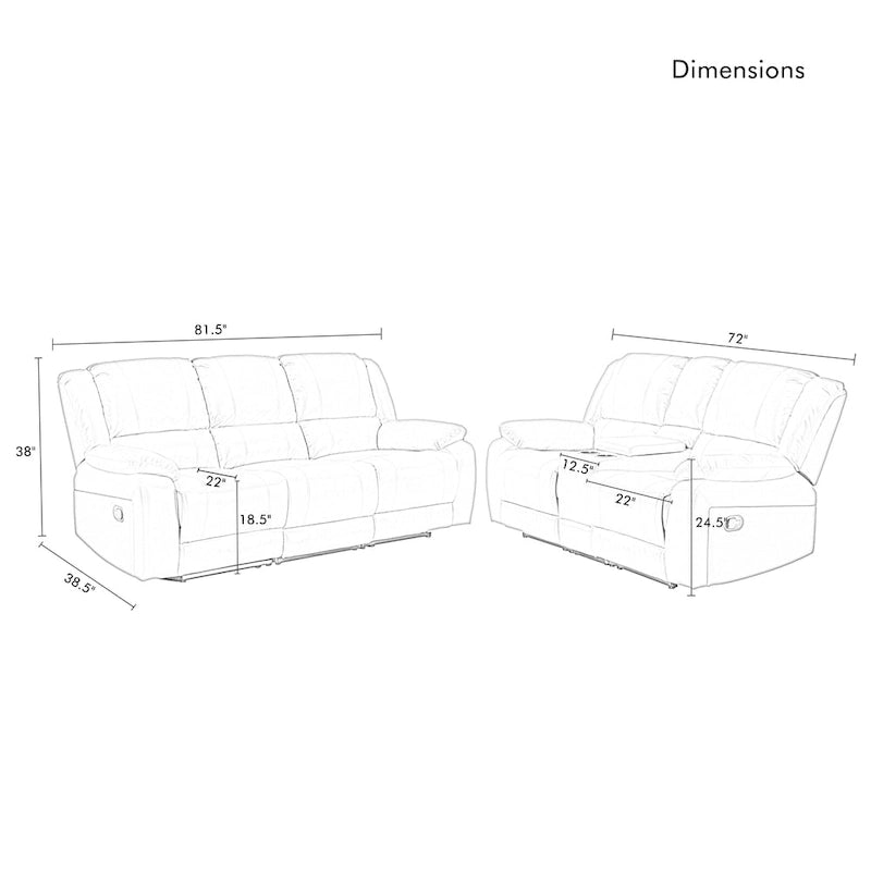 Ensemble de canapés inclinables manuels 2 pièces en similicuir classique pour salon avec console et porte-gobelets
