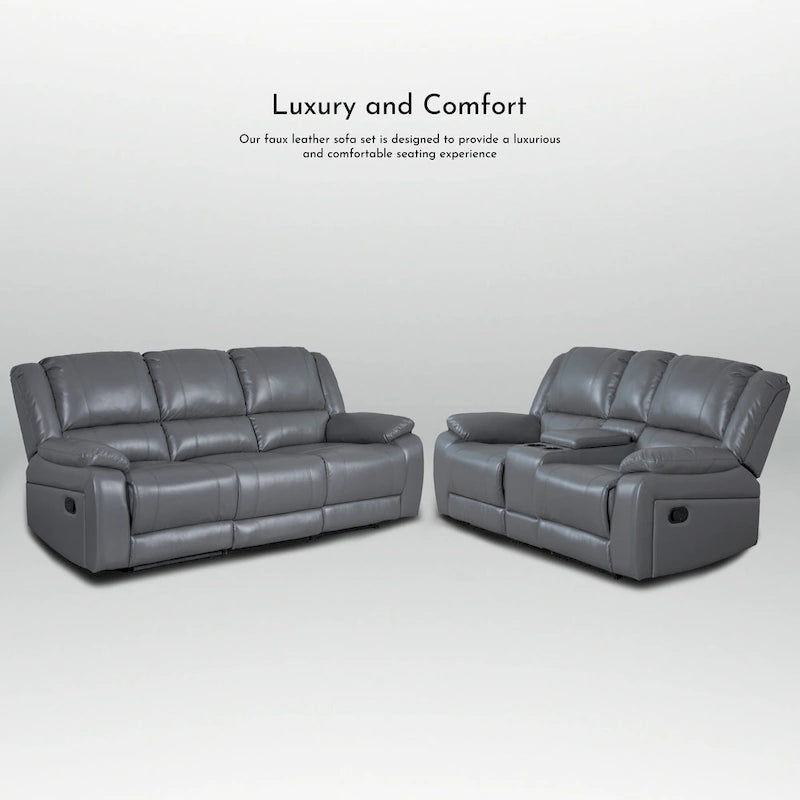 Ensemble de canapés inclinables manuels 2 pièces en similicuir classique pour salon avec console et porte-gobelets