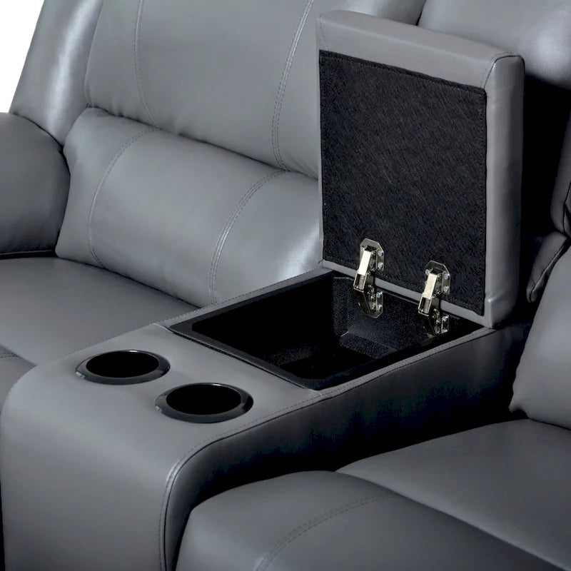 Ensemble de canapés inclinables manuels 2 pièces en similicuir classique pour salon avec console et porte-gobelets