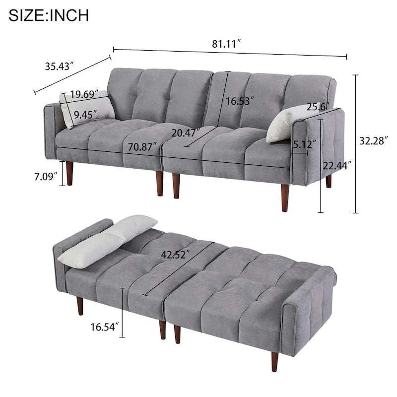 Canapé-lit futon convertible, canapé-lit ajustable, canapé-lit futon moderne en tissu de lin avec 2 oreillers