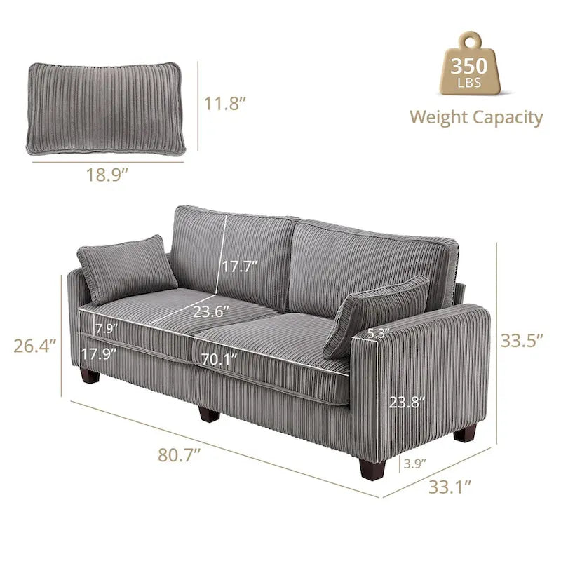 LUE BONA 81 Canapé 3 places moderne en velours côtelé, canapé rembourré rectangulaire en polyester avec base en bois pour salon