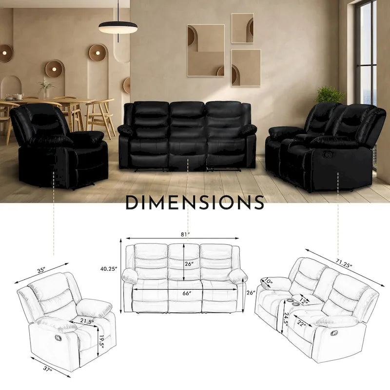 Ensemble de canapés de salon inclinables manuellement en similicuir 3 pièces avec table escamotable et console