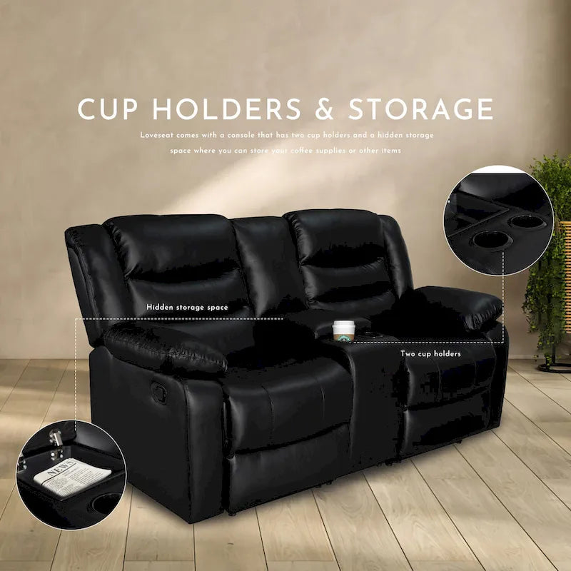 Ensemble de canapés de salon inclinables manuellement en similicuir 3 pièces avec table escamotable et console