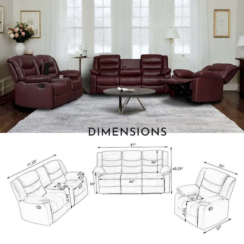 Ensemble de canapés de salon inclinables manuellement en similicuir 3 pièces avec table escamotable et console