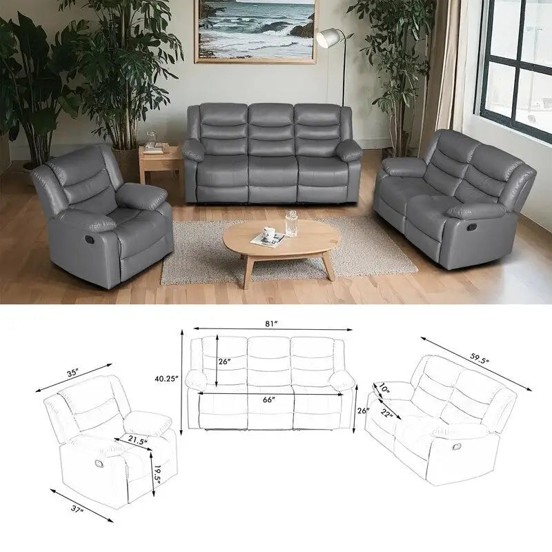 Ensemble de canapés de salon inclinables manuellement en similicuir 3 pièces avec table escamotable et console