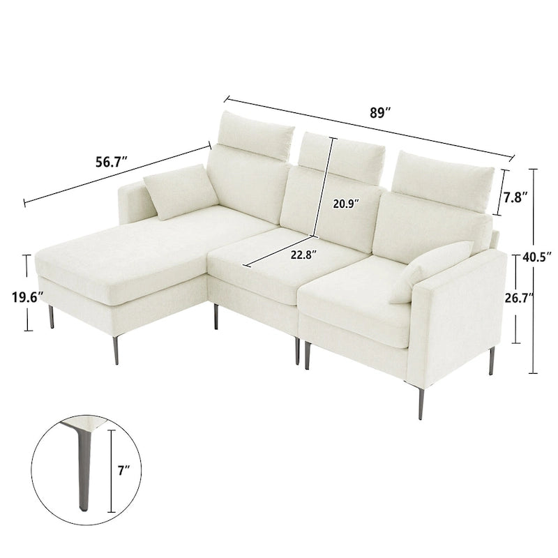 Canapé sectionnel chenille 89 po avec méridienne extra large pour salon