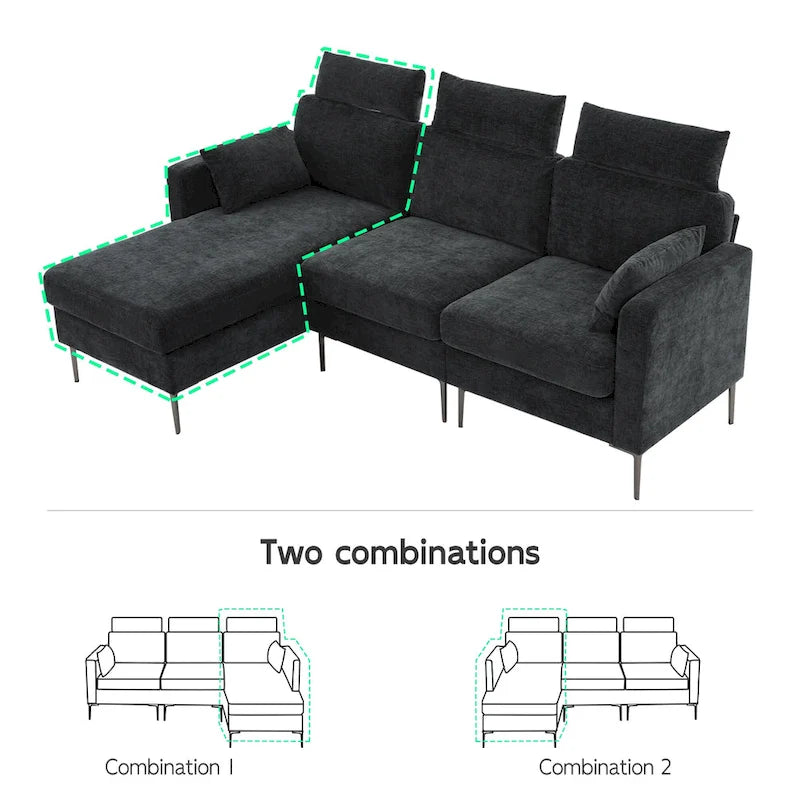 Canapé sectionnel chenille 89 po avec méridienne extra large pour salon