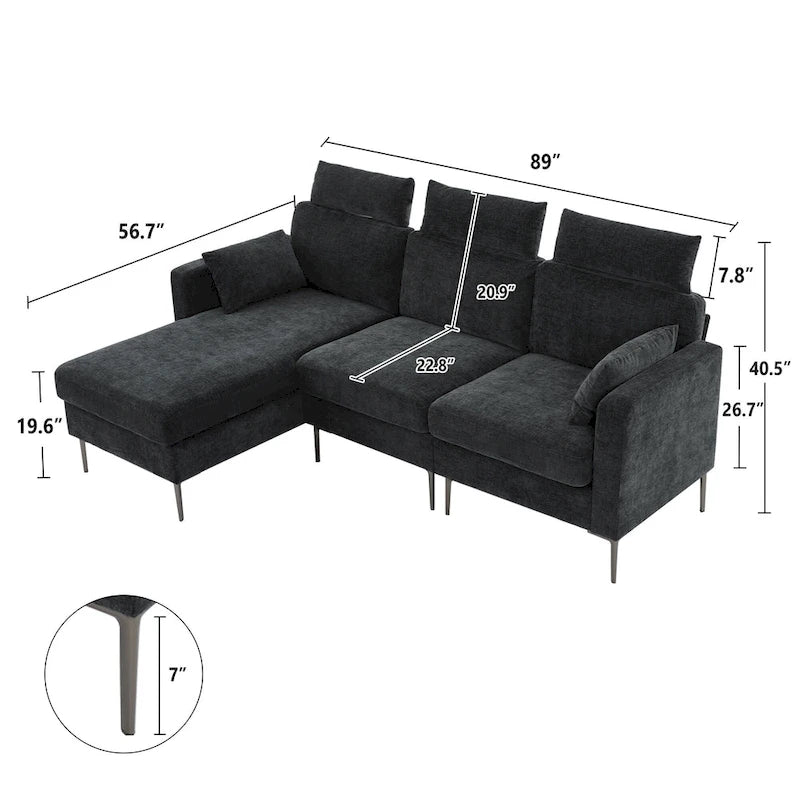 Canapé sectionnel chenille 89 po avec méridienne extra large pour salon