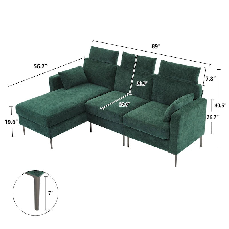 Canapé sectionnel chenille 89 po avec méridienne extra large pour salon