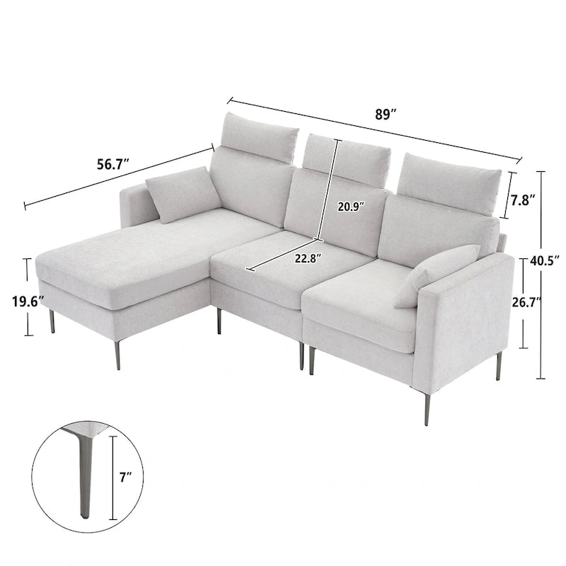 Canapé sectionnel chenille 89 po avec méridienne extra large pour salon