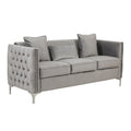 Canapé moderne Joel de 185 cm avec 3 coussins, velours gris capitonné, pieds argentés