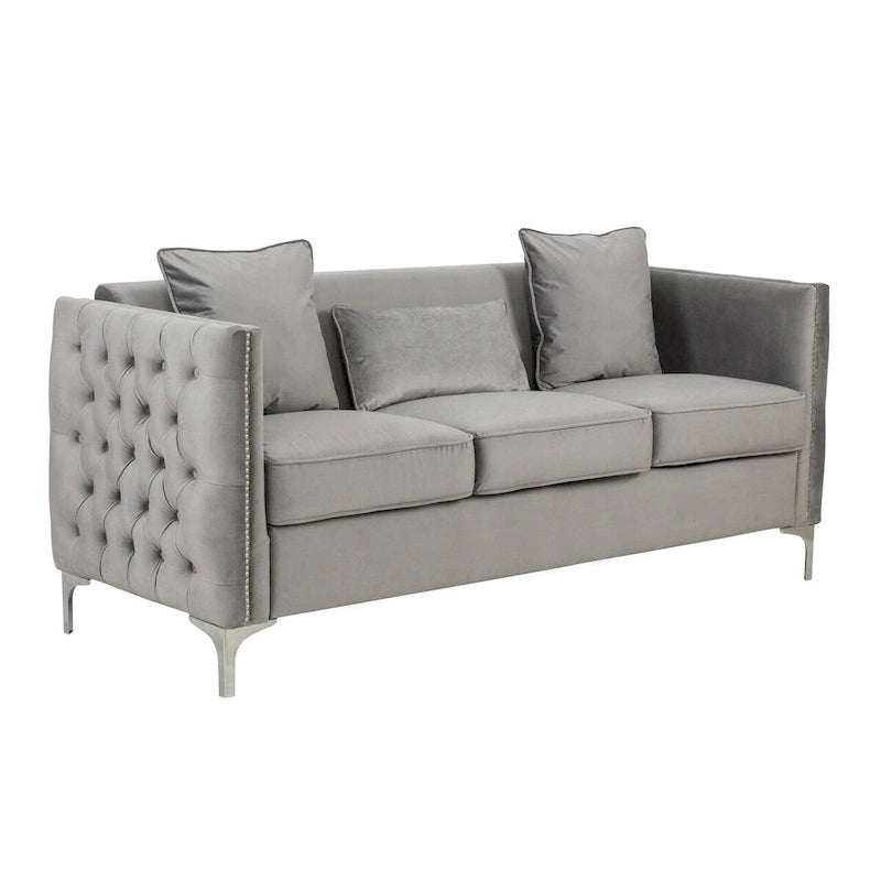 Canapé moderne Joel de 185 cm avec 3 coussins, velours gris capitonné, pieds argentés