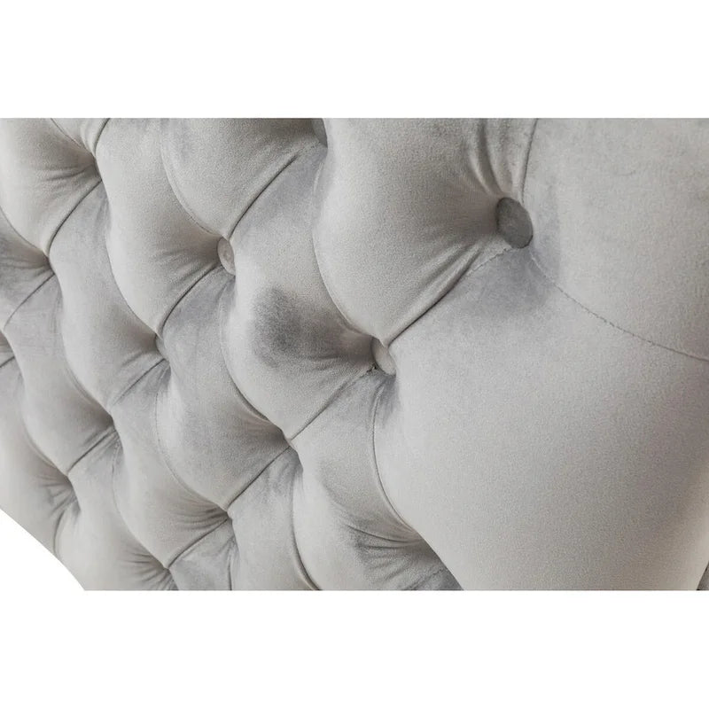 Canapé moderne Joel de 185 cm avec 3 coussins, velours gris capitonné, pieds argentés