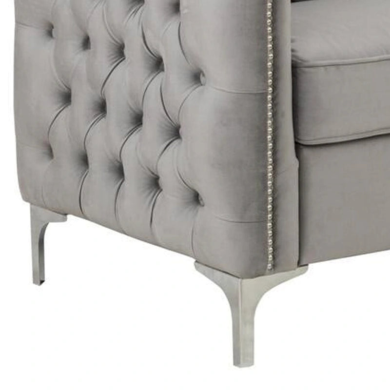 Canapé moderne Joel de 185 cm avec 3 coussins, velours gris capitonné, pieds argentés