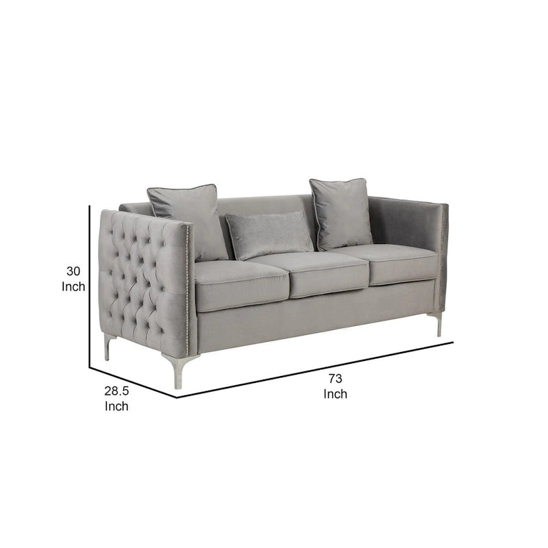 Canapé moderne Joel de 185 cm avec 3 coussins, velours gris capitonné, pieds argentés