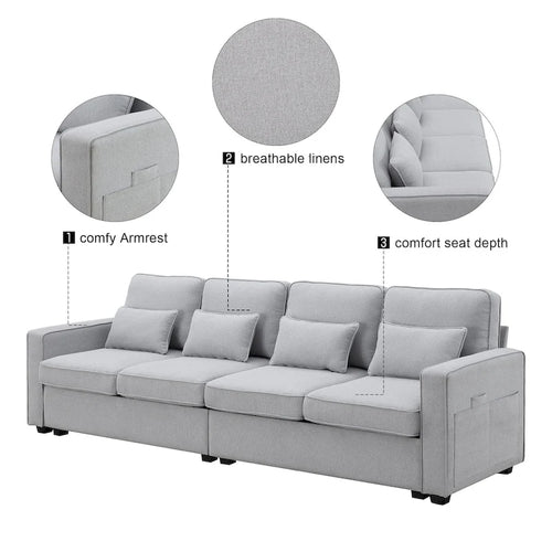 Canapé 4 places moderne en tissu de lin avec pochettes accoudoirs et 4 oreillers