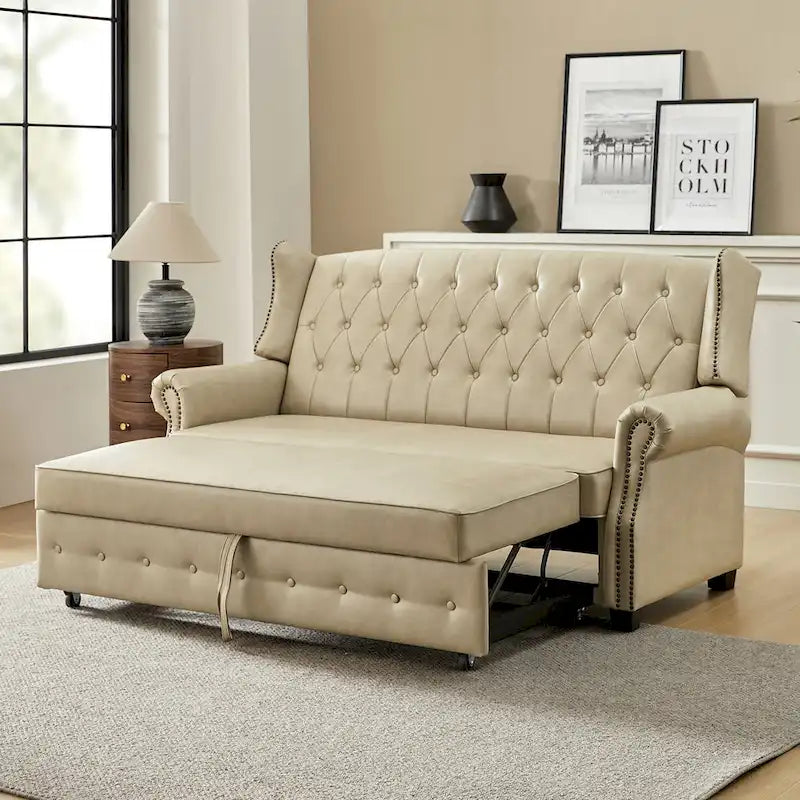 Canapé-lit Ruedi Transitional 73,6 po en cuir végétalien avec dossier touffeté et clous de HULALA HOME