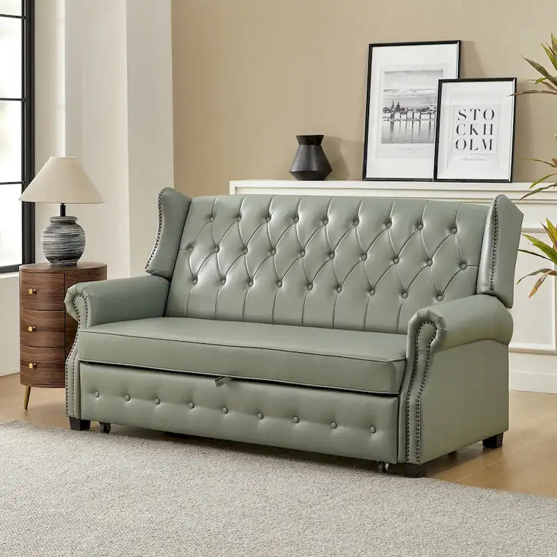 Canapé-lit Ruedi Transitional 73,6 po en cuir végétalien avec dossier touffeté et clous de HULALA HOME