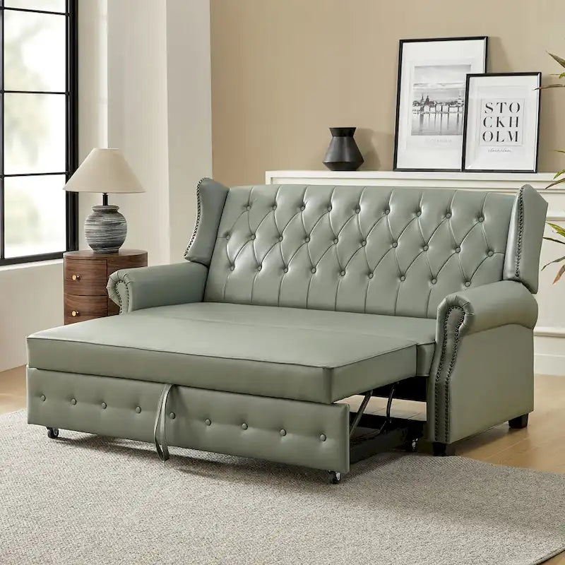 Canapé-lit Ruedi Transitional 73,6 po en cuir végétalien avec dossier touffeté et clous de HULALA HOME