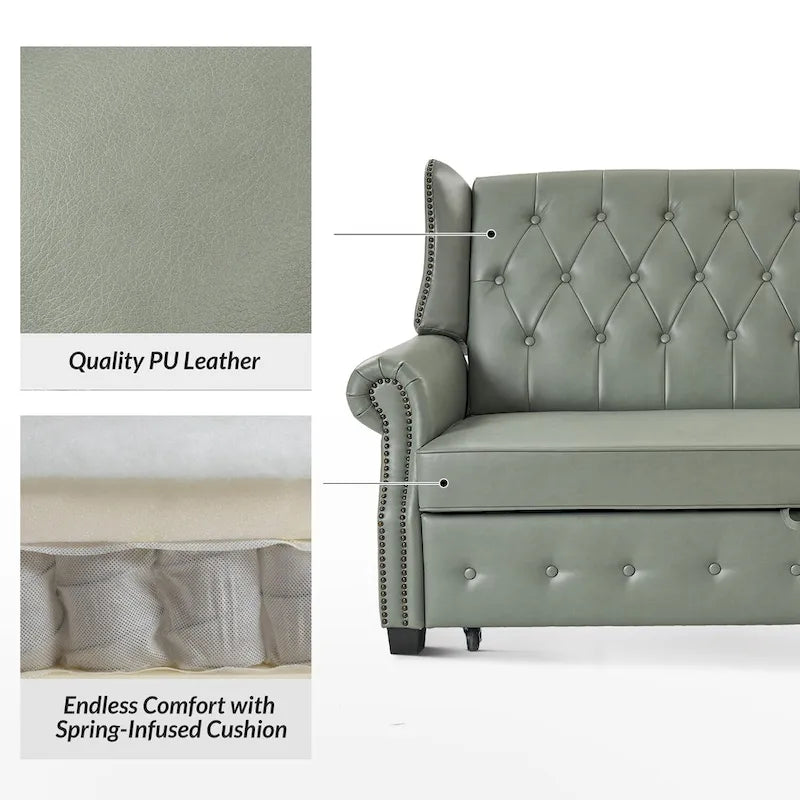 Canapé-lit Ruedi Transitional 73,6 po en cuir végétalien avec dossier touffeté et clous de HULALA HOME