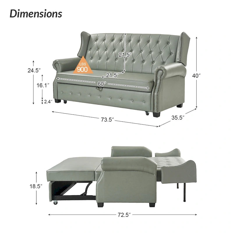 Canapé-lit Ruedi Transitional 73,6 po en cuir végétalien avec dossier touffeté et clous de HULALA HOME