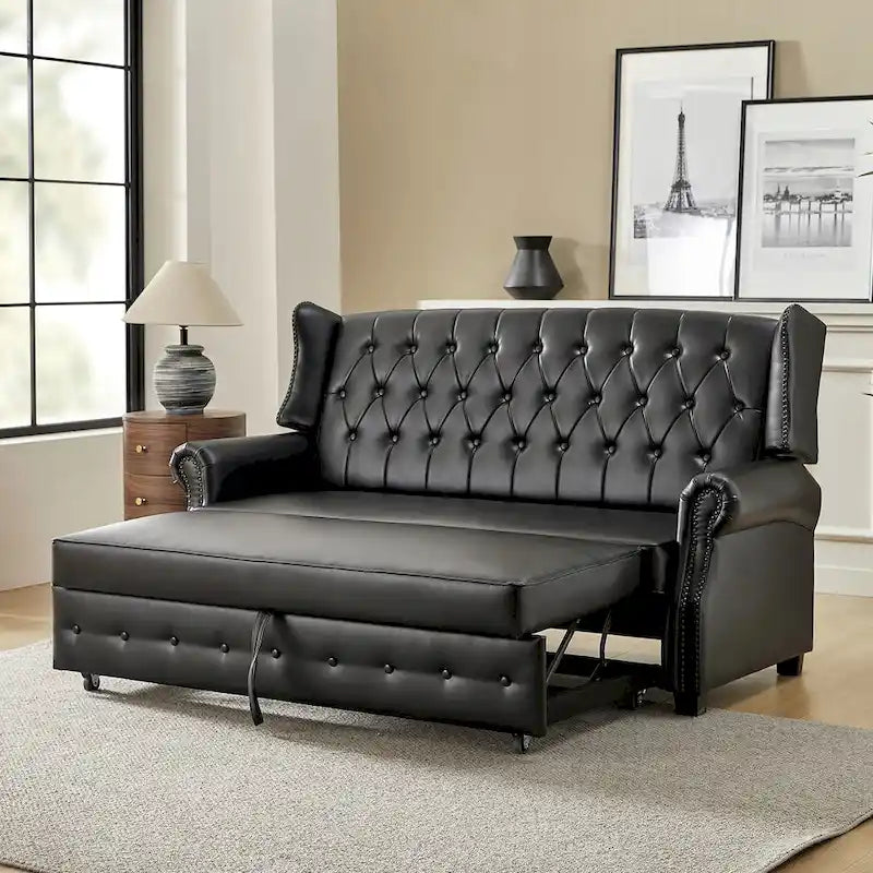 Canapé-lit Ruedi Transitional 73,6 po en cuir végétalien avec dossier touffeté et clous de HULALA HOME