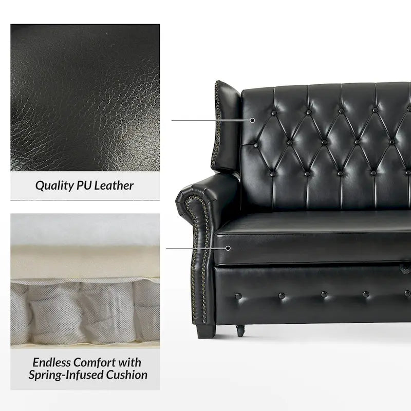 Canapé-lit Ruedi Transitional 73,6 po en cuir végétalien avec dossier touffeté et clous de HULALA HOME