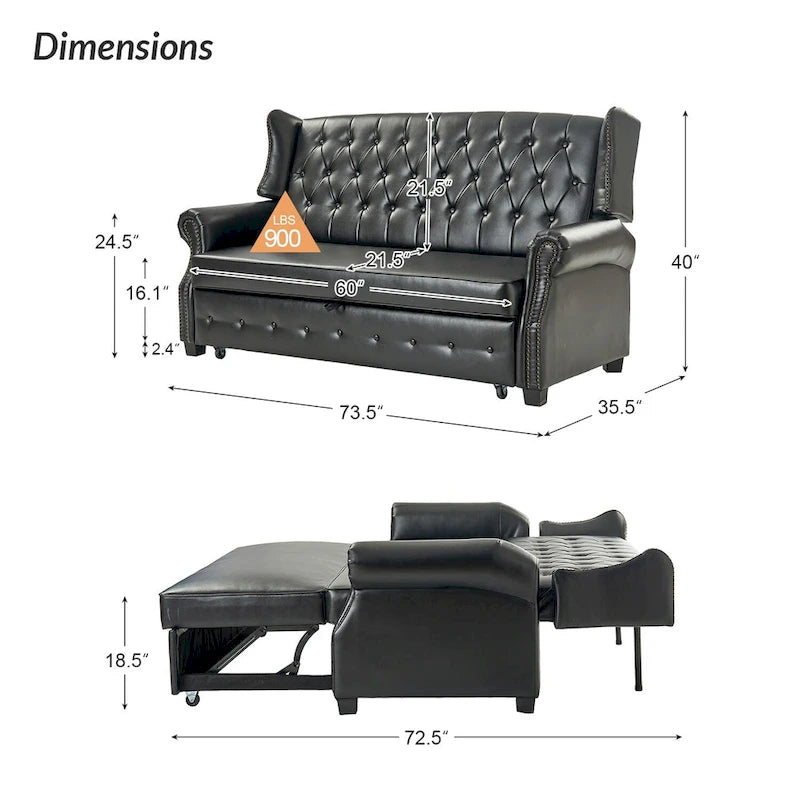 Canapé-lit Ruedi Transitional 73,6 po en cuir végétalien avec dossier touffeté et clous de HULALA HOME