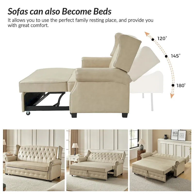 Canapé-lit Ruedi Transitional 73,6 po en cuir végétalien avec dossier touffeté et clous de HULALA HOME