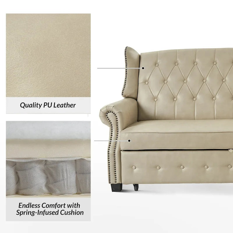 Canapé-lit Ruedi Transitional 73,6 po en cuir végétalien avec dossier touffeté et clous de HULALA HOME