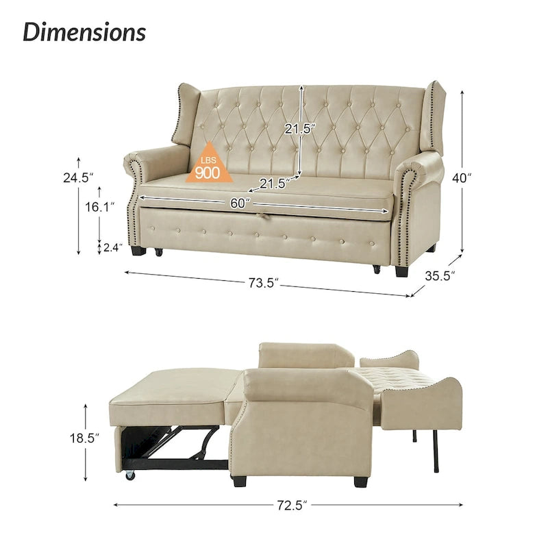 Canapé-lit Ruedi Transitional 73,6 po en cuir végétalien avec dossier touffeté et clous de HULALA HOME