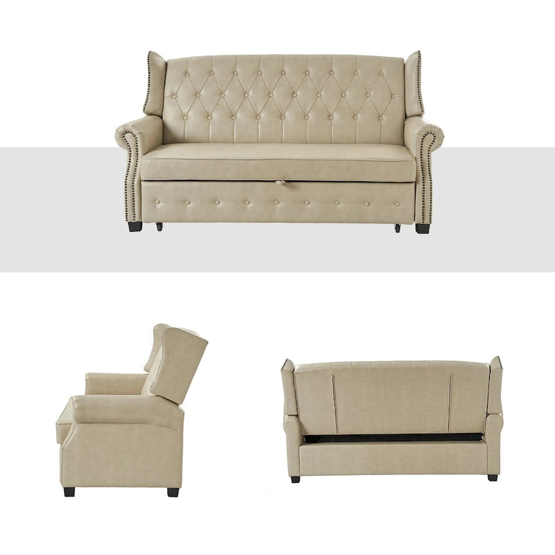 Canapé-lit Ruedi Transitional 73,6 po en cuir végétalien avec dossier touffeté et clous de HULALA HOME