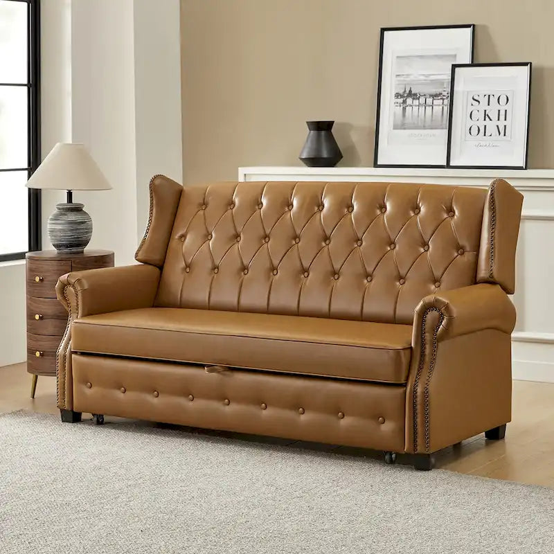 Canapé-lit Ruedi Transitional 73,6 po en cuir végétalien avec dossier touffeté et clous de HULALA HOME