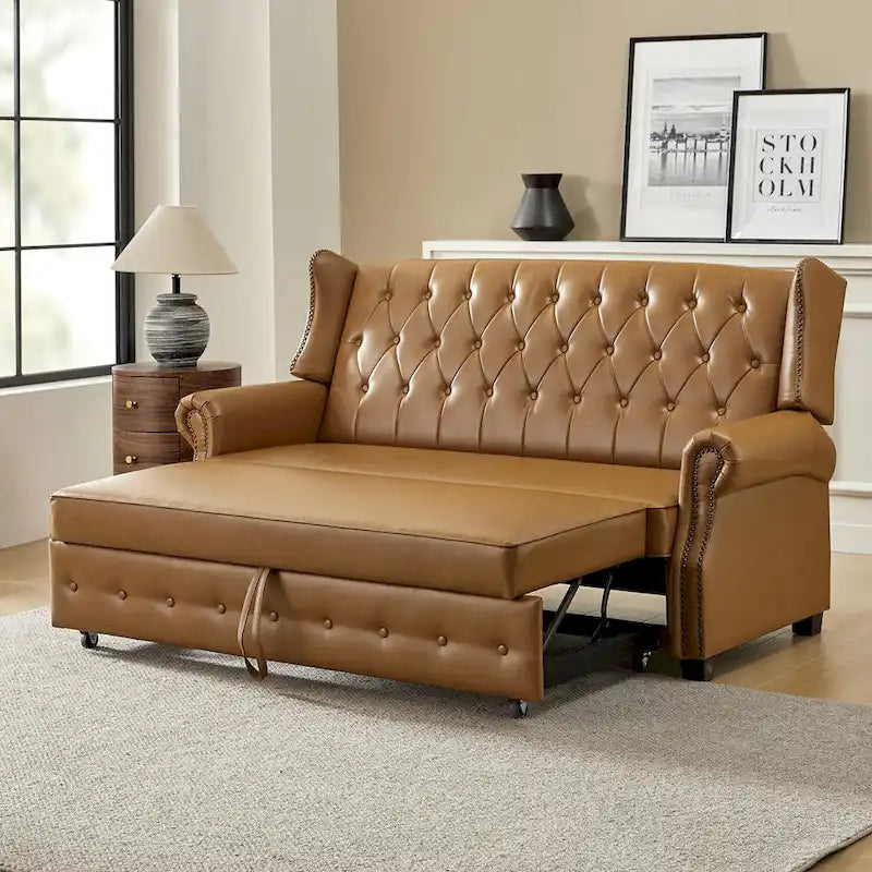 Canapé-lit Ruedi Transitional 73,6 po en cuir végétalien avec dossier touffeté et clous de HULALA HOME