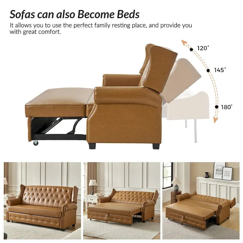 Canapé-lit Ruedi Transitional 73,6 po en cuir végétalien avec dossier touffeté et clous de HULALA HOME