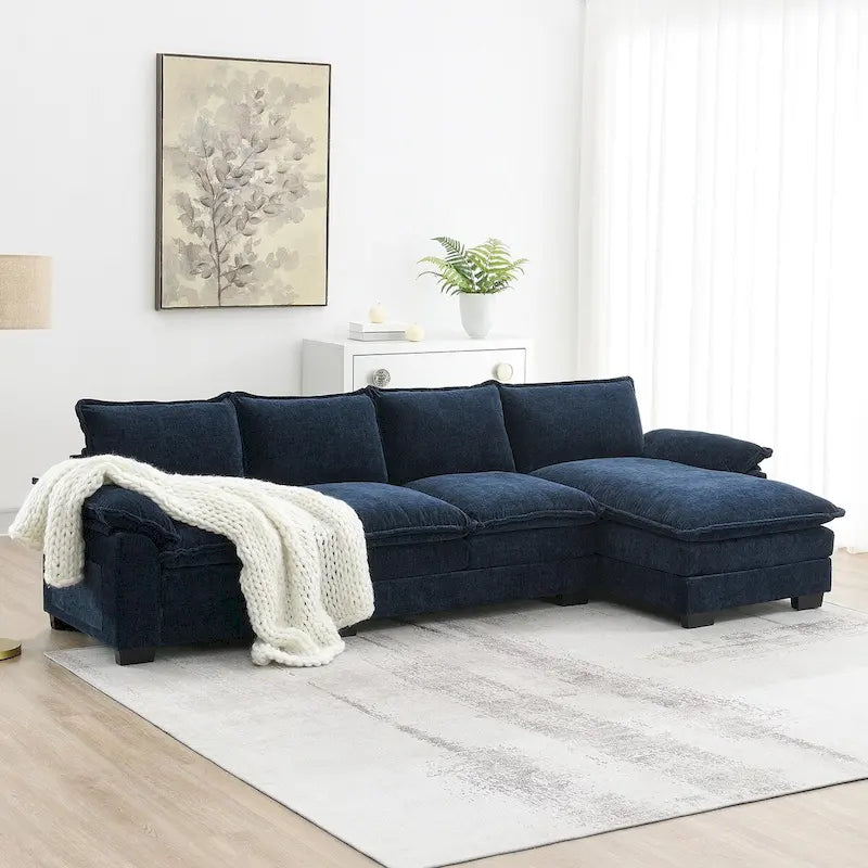 Canapé d'angle en chenille en forme de L de 118 x 55 po avec coussins doubles, canapé-lit rembourré à 5 places avec méridienne