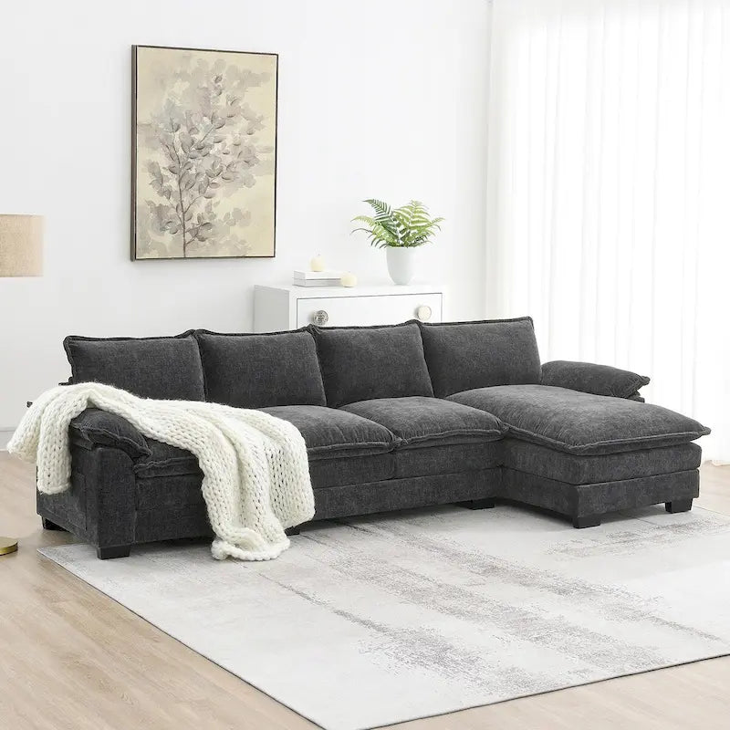 Canapé d'angle en chenille en forme de L de 118 x 55 po avec coussins doubles, canapé-lit rembourré à 5 places avec méridienne